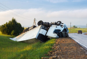 Truck lies in a ditch after the road accident