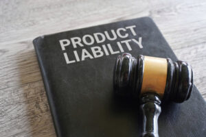 Book on product liability with gavel on