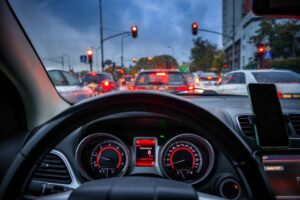 Traffic jams on the road seen through the car windshield.