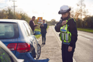 Police officer checking car accident in the highway.